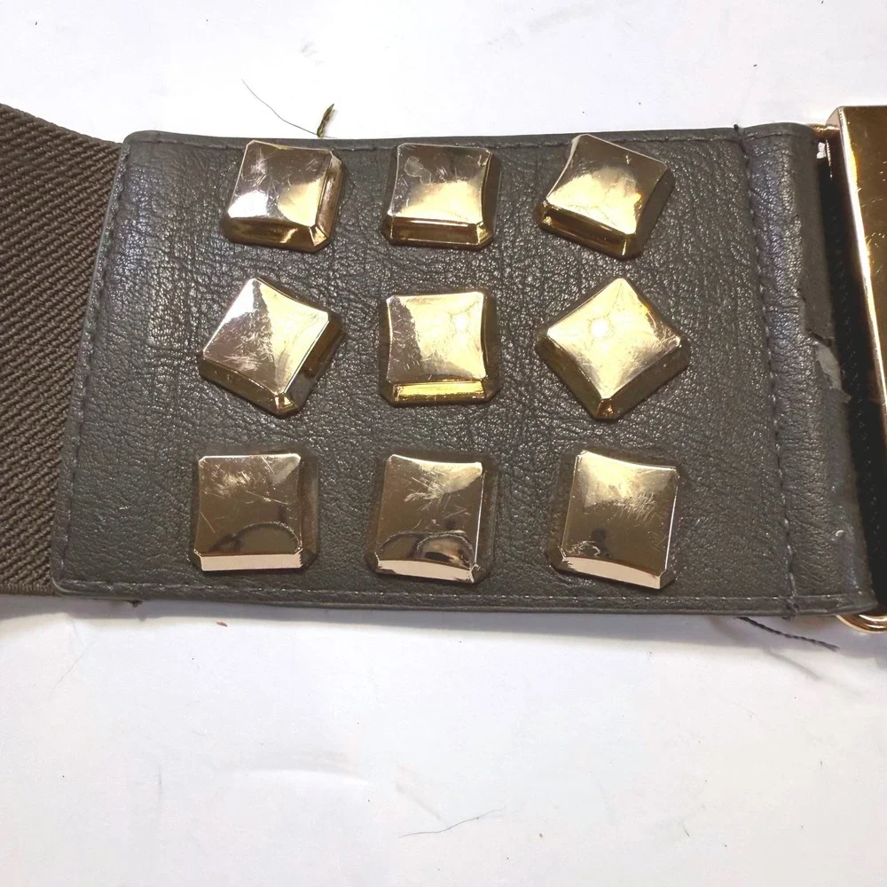 Brown Elastic Cinch Waist Belt Gold Square Pyramid Studs Wide Faux Leather 27in